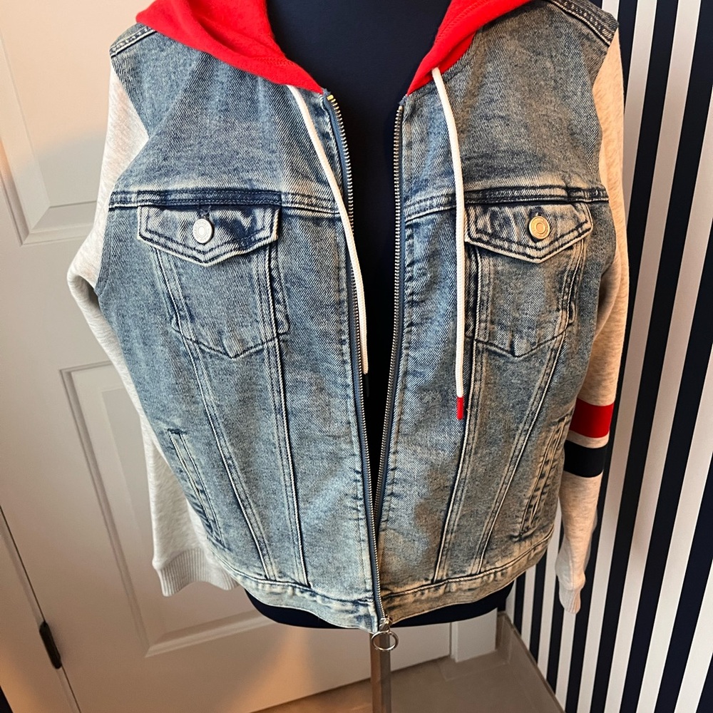 Denim and Red Hooded Tommy Hilfiger mixed media Jacket sz large BNWT - Picture 6 of 7